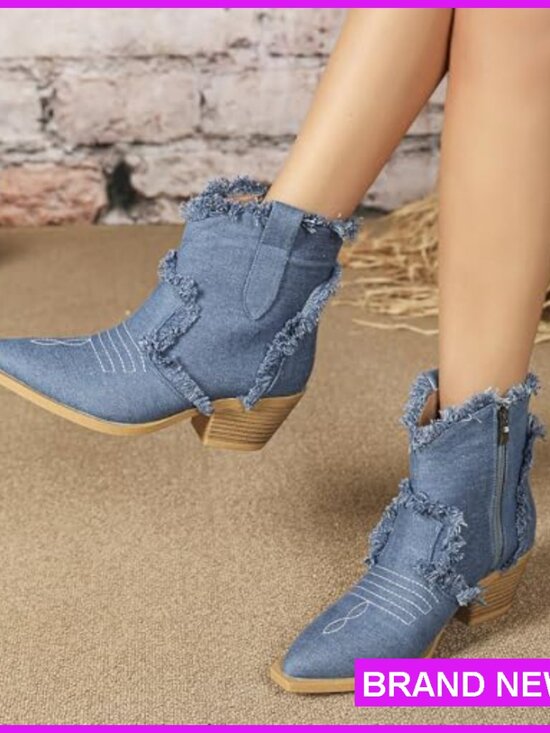 Denim Western Ankle Boots with Embroidery Chunky Heel Pointed Toe Side Zipper - Picture 2 of 7